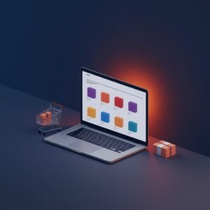 Ecommerce Website plan: a laptop with a product grid, a shopping cart and a package on a navy background