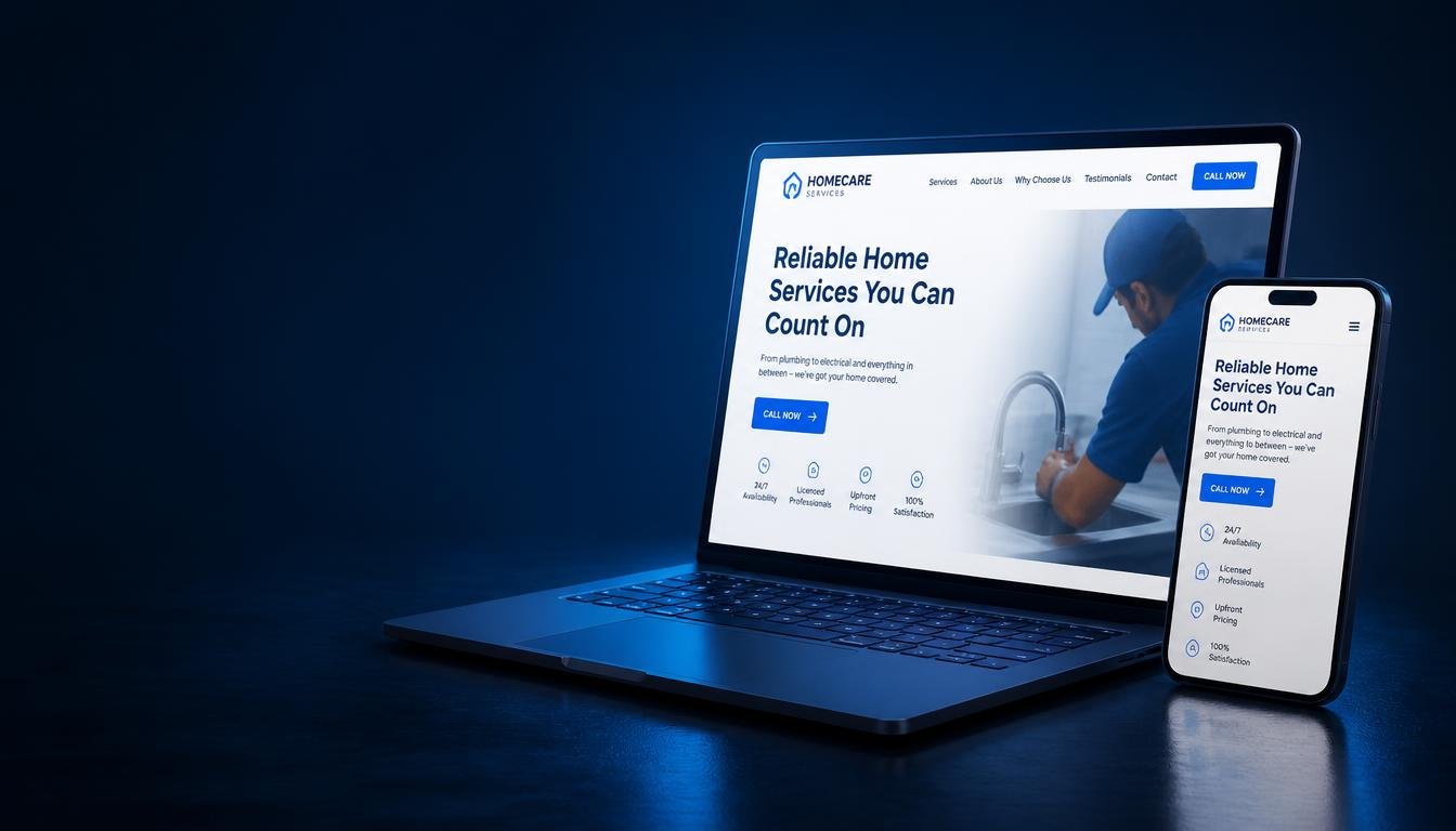 Laptop and phone showing a modern home services website with a plumber and a call-now button